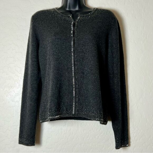 Cashmere Gray Beaded Cardigan Round Neck Relaxed Boxy Oversized Sweater S - Picture 1 of 12